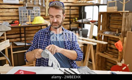 Hispanischer Zimmermann in kariertem Hemd und Handschuhen in einem Holzwerkstudio, der sich auf das Basteln konzentriert. Stockfoto