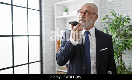 Ein reifer Geschäftsmann mit Brille und Bart nutzt in einem modernen Büro einen Sprachassistenten auf seinem Smartphone. Stockfoto