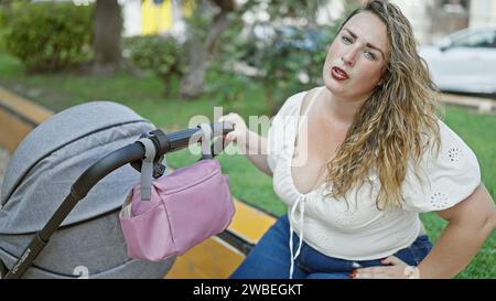 Schöne junge Frau in Übergröße beruhigt ihr Baby beim Spazieren im Park in den Schlaf Stockfoto