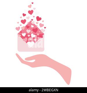 Hände, die Liebesbrief halten, mit Flying Out Hearts, Valentinstag-Umschlag. Grußkarte auf weißem Hintergrund isoliert. Vector Flat Cartoon Abb. Stock Vektor