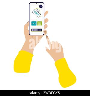 Handgriff beim Kauf von Tickets im Online-Shopping. Website, Geschäft, Bannerdesign Konzept Vektor-Illustration. Smartphone und Internet Techn Stock Vektor
