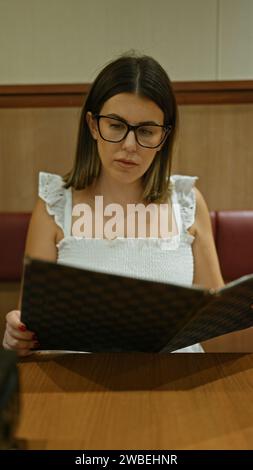 Wunderschöne hispanische Frau, die eine Brille trägt, tief vertieft darin, die Speisekarte des Restaurants zu durchschauen und ihre Auswahl an Abendessen in einem modernen Lifestyle-stil zu steuern Stockfoto