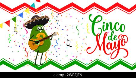 Cinco de Mayo Banner mit Cartoon Avocado Charakter für mexikanischen Feiertag, Vektor Hintergrund. Lustiger Avocado-Mariachi-Musiker in Sombrero mit Gitarre, Noten und Konfetti für Cinco de Mayo fiesta Stock Vektor