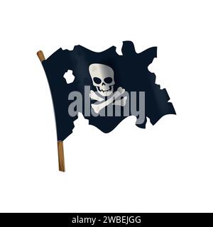 Schwarze Piratenfahne mit Schädel und gekreuzten Knochen, flattert im Wind. Verwittertes Korsair-Banner mit unheimlichem Jolly roger, das Abenteuer, die Gefahr und den Nervenkitzel der hohen See symbolisiert Stock Vektor