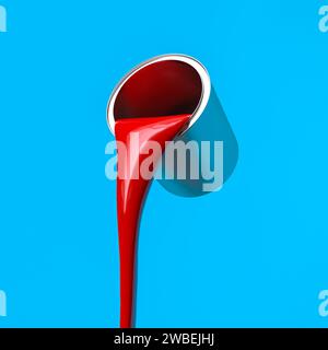 Rote Farbe aus einer Metalldose, blauer Hintergrund. 3D-Rendering Stockfoto