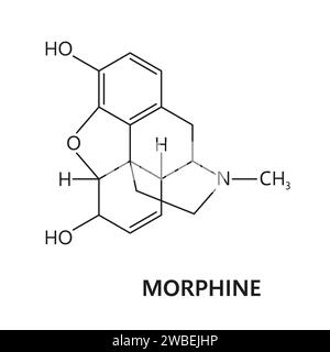 Morphin-Arzneimittelmolekül und -Formel, chemische Struktur des Opiatnarkotikums, Vektormodell. Synthetisches oder organisches Opioid und verbotene Stimulanzien, Morphin-Formel und Molekularstruktur Stock Vektor