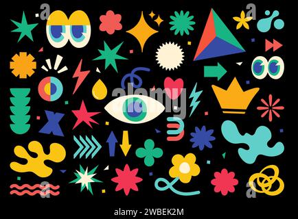 Groovige Formen und abstrakte Retro-Zeichentricksymbole der 90er-Jahre-Kunst, Vektor-Vintage-Hintergrund. Trendiges Design mit groovigen Formen und geometrischen Retro-Figuren oder einfachen funkigen Symbolen und Elementen Stock Vektor