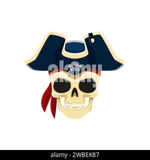 Piratenkapitän Schädel in Hahnenhut, grinst bedrohlich. Die Tricorn-Kappe sitzt liebevoll auf den Skelettresten und strahlt gruseligen Seefahrer-Charme aus. Cartoon Vektor Filibuster, Seemann oder Korsair Skelett Kopf Stock Vektor