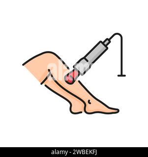 Ultraschallbehandlung von Frauenbeinen isoliertes Farbliniensymbol. Vektorödem und Schwellungen der Beine, Phlebologe und Laser, Thrombosediagnostik Stock Vektor