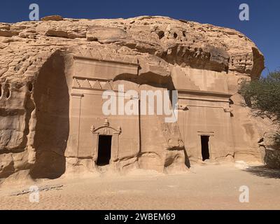 Die Gräber von Hegra (alias Mada'in Salih oder Al-Hijr), der antiken Stadt des Nabatäischen Reiches in der Nähe von Al-Ula, Saudi-Arabien Stockfoto