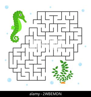 Vektor-Spiel-Labyrinth für Kinder. Unterwasserwelt. Helfen Sie dem Seepferd, den richtigen Weg zu finden. Labyrinth für Unterrichtskinder Stock Vektor