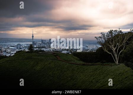 Ein Blick über den Vulkankrater Mount Eden zum Stadtzentrum von Auckland in der Ferne mit einem Baum im Vordergrund und vor einem dramatisch bewölkten Himmel Stockfoto