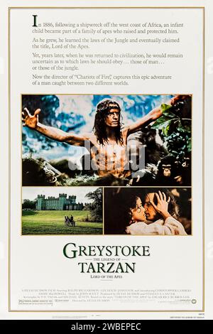 Greystoke: The Legend of Tarzan, Lord of the Affen (1984) unter der Regie von Hugh Hudson mit Christopher Lambert, Andie MacDowell und Ralph Richardson. Ein vermisster Erbe einer angesehenen schottischen Familie, aufgewachsen in afrikanischen Dschungel, kehrt schließlich zu seinem Anwesen zurück, nur um zu erkennen, dass der Unterschied zwischen den beiden Welten wirklich bedeutend ist. Foto eines Original-Posters aus dem Jahr 1984 (US-1-Blatt). ***NUR REDAKTIONELLE VERWENDUNG*** Credit: BFA / Warner Bros Stockfoto