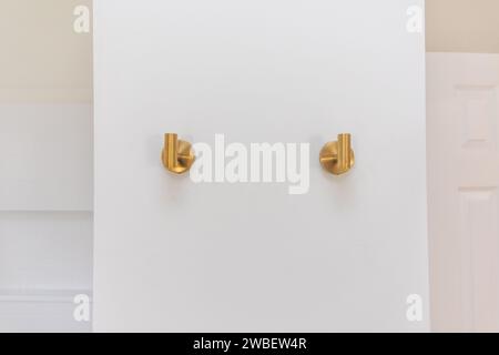 Ein Set aus zwei modernen goldenen Haken oder Stiften für Handtuchhalter an einer leeren Wand in einem Badezimmer im Inneren eines Hauses Stockfoto