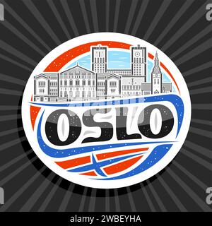 Vektor-Logo für Oslo, weißes dekoratives Etikett mit Linienillustration der berühmten europäischen oslo Stadtlandschaft auf Tag-Himmel-Hintergrund, Kunstdesign-Kühlschrank Stock Vektor