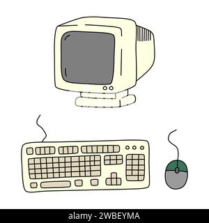 Monitor, Tastatur und Computermaus im Cartoon-Stil. Vektorillustration isoliert auf weißem Hintergrund Stock Vektor