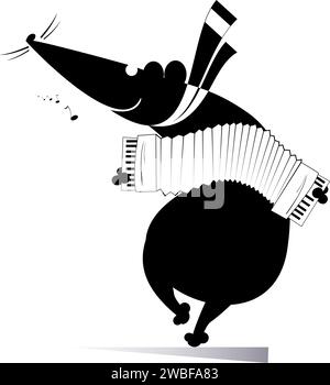 Zeichentrickratte oder Maus, die Musik auf dem Akkordeon mit Inspiration aufführt. Schwarzweiß-Illustration Stock Vektor