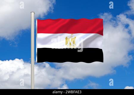 Die Flagge Ägyptens, Nationalflagge. Ägypten ist ein Land in Nordafrika, im Nahen Osten, kolossale Pyramiden, fruchtbares Niltal, Hauptstadt ist Kairo. Die Stockfoto