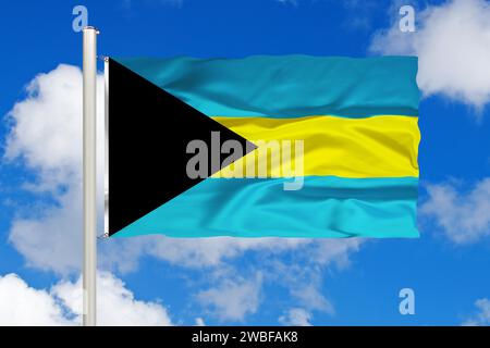 Nationalflagge der Bahamas vor Cumulus Wolken und blauem Himmel, Studio Stockfoto