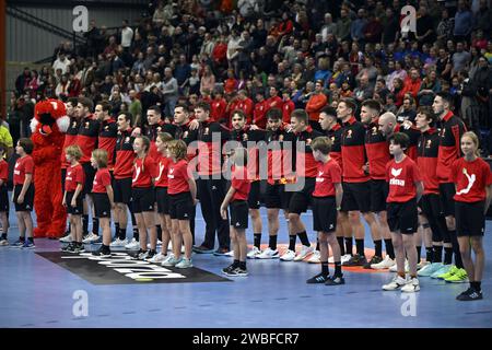 Hasselt, Belgien. Januar 2024. Belgische Spieler, die während eines Spiels zwischen der belgischen Nationalmannschaft „Rote Wölfe“ und Zypern am Mittwoch, den 10. Januar 2024, in Hasselt, einem Spiel der Aktionsrunde für die EHF Euro 2026 Männer-Europameisterschaft 2026, abgebildet wurden. BELGA PHOTO ERIC LALMAND Credit: Belga News Agency/Alamy Live News Stockfoto