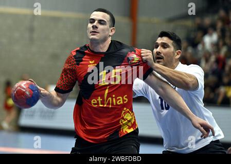 Hasselt, Belgien. Januar 2024. Belgiens Quinten Colman wurde am Mittwoch, den 10. Januar 2024, in Hasselt, einem Spiel der EHF Euro 2026 Männer-Europameisterschaft 2026, während eines Spiels zwischen der belgischen Nationalmannschaft „Rote Wölfe“ und Zypern in Aktion gezeigt. BELGA PHOTO ERIC LALMAND Credit: Belga News Agency/Alamy Live News Stockfoto