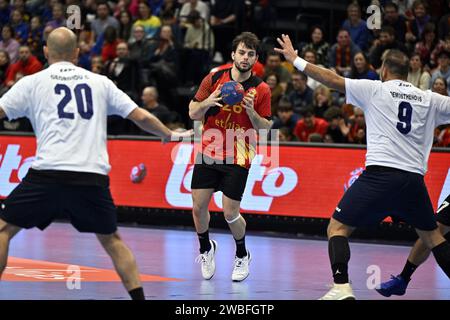 Hasselt, Belgien. Januar 2024. Benjamin Danesi aus Belgien wurde am Mittwoch, den 10. Januar 2024, in Hasselt, einem Spiel der EHF Euro 2026 Männer-Europameisterschaft 2026, während eines Spiels zwischen der belgischen Nationalmannschaft „Rote Wölfe“ und Zypern in Aktion gezeigt. BELGA PHOTO ERIC LALMAND Credit: Belga News Agency/Alamy Live News Stockfoto