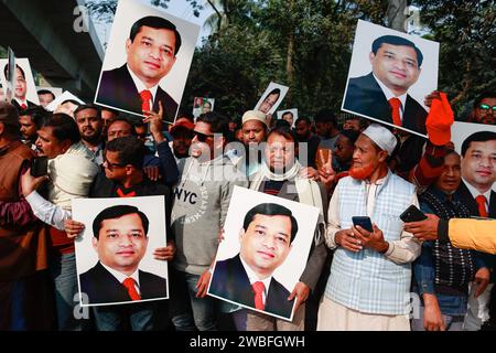 Dhaka, Bangladesch. Januar 2024. Führer und Mitglieder der Awami-Liga nehmen an einer Kundgebung Teil, um der historischen Heimkehr des Vaters der Nation, Bangabandhu Scheich Mujibur Rahman, im Suhrawardy Udyan zu gedenken. An diesem Tag im Jahr 1972 kehrte Bangabandhu Scheich Mujibur Rahman nach über neuneinhalb Monaten Gefangenschaft in einem pakistanischen Gefängnis in das unabhängige und souveräne Bangladesch zurück. (Kreditbild: © Suvra Kanti das/ZUMA Press Wire) NUR REDAKTIONELLE VERWENDUNG! Nicht für kommerzielle ZWECKE! Stockfoto