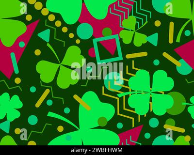 Nahtloses Muster mit Klee und geometrischen Formen im Memphis-Stil der 80er Jahre. St. Patrick's Day Hintergrund mit grünem vierblättrigem und dreiblättrigem Kleeblatt für g Stock Vektor