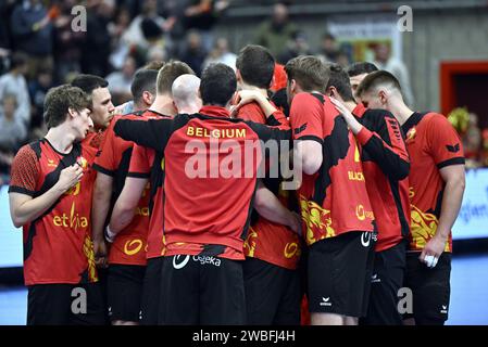 Hasselt, Belgien. Januar 2024. Belgische Spieler, die während eines Spiels zwischen der belgischen Nationalmannschaft „Rote Wölfe“ und Zypern am Mittwoch, den 10. Januar 2024, in Hasselt, einem Spiel der Aktionsrunde für die EHF Euro 2026 Männer-Europameisterschaft 2026, abgebildet wurden. BELGA PHOTO ERIC LALMAND Credit: Belga News Agency/Alamy Live News Stockfoto