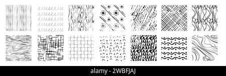 Hand gezeichneter Schraffurmuster-Vektor. Lineare Schraffur in nahtloser Textur. Eine Reihe von Wellenstrichen, Kritzeleien, Sonne, Squiggles und kritzelnden abstrakten geometrischen Formen. Sammlung von Kurvenlinien mit Freihandstift. Stock Vektor