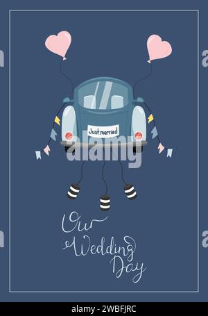 Hochzeitsillustration mit dem Auto des frisch vermählten Brautpaares auf blauem Hintergrund. Kann für Poster, Hochzeitseinladungen usw. verwendet werden Stock Vektor
