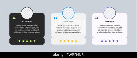 Vorlage für Kundenbeurteilung. Testimonials, Feedback mit Bewertung. Feld mit einem Textkommentar vom Client. Vektordesign für Websites und soziale Netzwerke. Stock Vektor