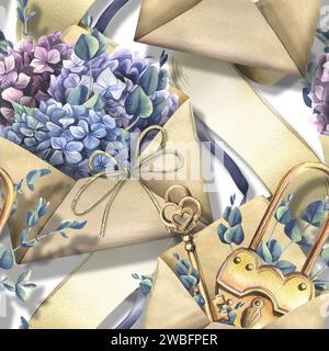 Papyruspapier, handwerkliche Umschläge mit goldenen Schlüsseln und Schlösser mit Hortensie und Eukalyptusblüten. Handgezeichnete Aquarellillustration. Nahtloses Muster Stockfoto
