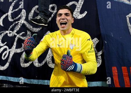 Rom, Italien. Januar 2024. Christos Mandas von SS Lazio feiert am Ende des italienischen Fußballpokal-Spiels zwischen SS Lazio und AS Roma im Olimpico-Stadion in Rom (Italien) am 10. Januar 2024. Quelle: Insidefoto di andrea staccioli/Alamy Live News Stockfoto