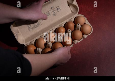 Konzeptuelles Bild von einem Dutzend brauner Eier, aufgenommen mit rotem Vinylhintergrund mit Textur in Studioumgebung Stockfoto