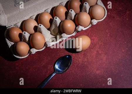 Konzeptuelles Bild von einem Dutzend brauner Eier, aufgenommen mit rotem Vinylhintergrund mit Textur in Studioumgebung Stockfoto