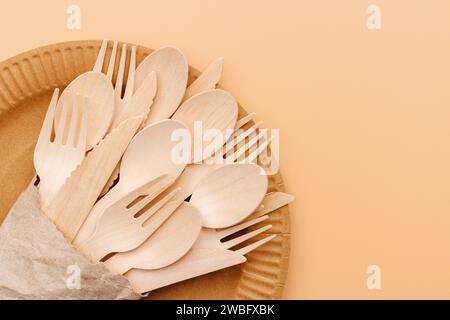 Umweltfreundliches Holzbesteck auf Einwegplatte Stockfoto