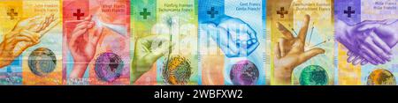 Schweizer Franken, Schweizer Geld, Finanzbanner, Alle Banknoten In Schweizer Währung, Horizontales Panorama Stockfoto