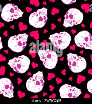 Totenkopf mit nahtlosem Liebesmuster. Skelettkopf und Herzhintergrund Stock Vektor