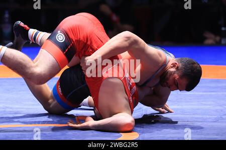 Zagreb, Kroatien. Januar 2024. Internationales Wrestlingturnier - UWW Grand Prix Ranking Series Zagreb Open 2024. 70-Kilogramm-Finale für Herren, Akaki Kemertelidze - Giorgi Elbakidze Foto: Marko Prpic/PIXSELL Credit: Pixsell/Alamy Live News Stockfoto