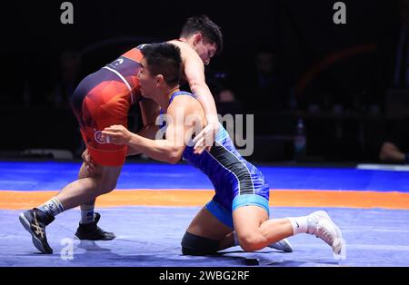 Zagreb, Kroatien. Januar 2024. Internationales Wrestlingturnier - UWW Grand Prix Ranking Series Zagreb Open 2024. 61 Kilogramm Finale für Herren, Andrii Dzhelep - Bekhbayar Erdenebat Foto: Marko Prpic/PIXSELL Credit: Pixsell/Alamy Live News Stockfoto