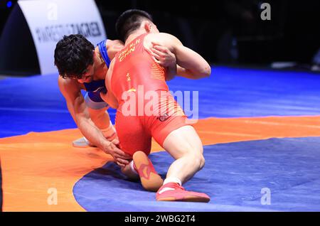 Zagreb, Kroatien. Januar 2024. Internationales Wrestlingturnier - UWW Grand Prix Ranking Series Zagreb Open 2024. 57-Kilogramm-Finale für Herren, Aman AMAN - Wanhao ZOU Foto: Marko Prpic/PIXSELL Credit: Pixsell/Alamy Live News Stockfoto