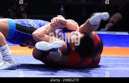 Zagreb, Kroatien. Januar 2024. Internationales Wrestlingturnier - UWW Grand Prix Ranking Series Zagreb Open 2024. 61 Kilogramm Finale für Herren, Andrii Dzhelep - Bekhbayar Erdenebat Foto: Marko Prpic/PIXSELL Credit: Pixsell/Alamy Live News Stockfoto