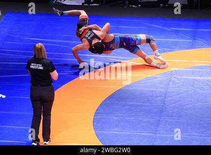 Zagreb, Kroatien. Januar 2024. Internationales Wrestlingturnier - UWW Grand Prix Ranking Series Zagreb Open 2024. 61 Kilogramm Finale für Herren, Andrii Dzhelep - Bekhbayar Erdenebat Foto: Marko Prpic/PIXSELL Credit: Pixsell/Alamy Live News Stockfoto