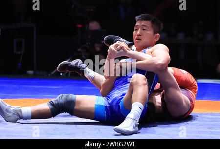 Zagreb, Kroatien. Januar 2024. Internationales Wrestlingturnier - UWW Grand Prix Ranking Series Zagreb Open 2024. 61 Kilogramm Finale für Herren, Andrii Dzhelep - Bekhbayar Erdenebat Foto: Marko Prpic/PIXSELL Credit: Pixsell/Alamy Live News Stockfoto