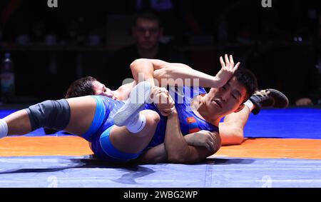 Zagreb, Kroatien. Januar 2024. Internationales Wrestlingturnier - UWW Grand Prix Ranking Series Zagreb Open 2024. 61 Kilogramm Finale für Herren, Andrii Dzhelep - Bekhbayar Erdenebat Foto: Marko Prpic/PIXSELL Credit: Pixsell/Alamy Live News Stockfoto