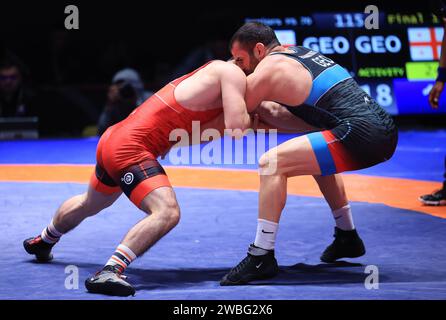 Zagreb, Kroatien. Januar 2024. Internationales Wrestlingturnier - UWW Grand Prix Ranking Series Zagreb Open 2024. 70-Kilogramm-Finale für Herren, Akaki Kemertelidze - Giorgi Elbakidze Foto: Marko Prpic/PIXSELL Credit: Pixsell/Alamy Live News Stockfoto