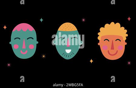 Retro-Cartoon-Gesichter in verschiedenen Farben und Formen vor schwarzem Hintergrund. Köpfe im Doodle-Stil. Vektorabbildung Stock Vektor