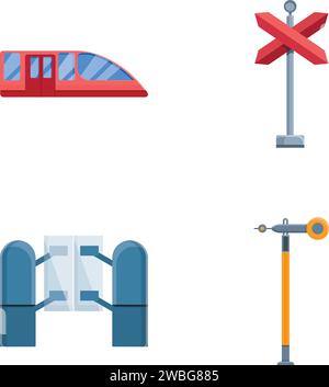 Eisenbahnverkehrssymbole setzen Cartoon-Vektor. Zug, Semaphor und Barriere. Moderne öffentliche Verkehrsmittel Stock Vektor