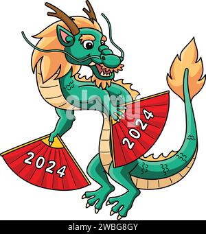 Jahr des Drachen mit 2024 Fans Cartoon Clipart Stock Vektor